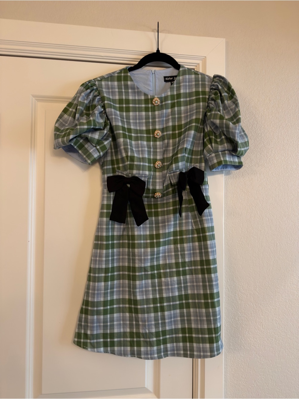 Sister Jane Green and Light Blue Plaid Puff-Sleeve Dress with Black Bows